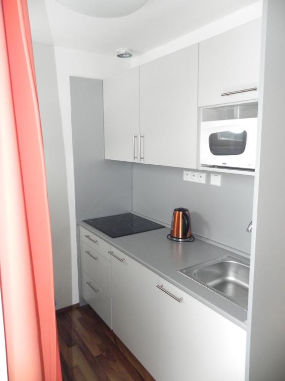 Biała kuchnia ze zlewem i kuchenką mikrofalową w obiekcie apartmán Oblík - penzion Kilián w mieście Kvilda