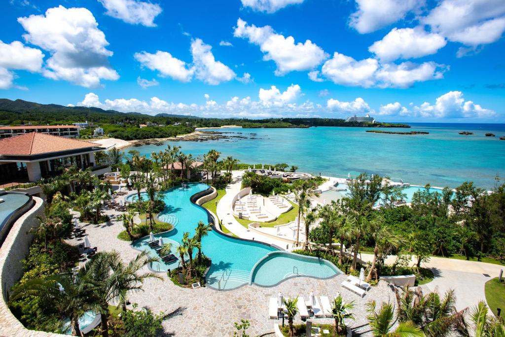 an aerial view of the pool at the resort at Hyatt Regency Seragaki Island Okinawa in Onna