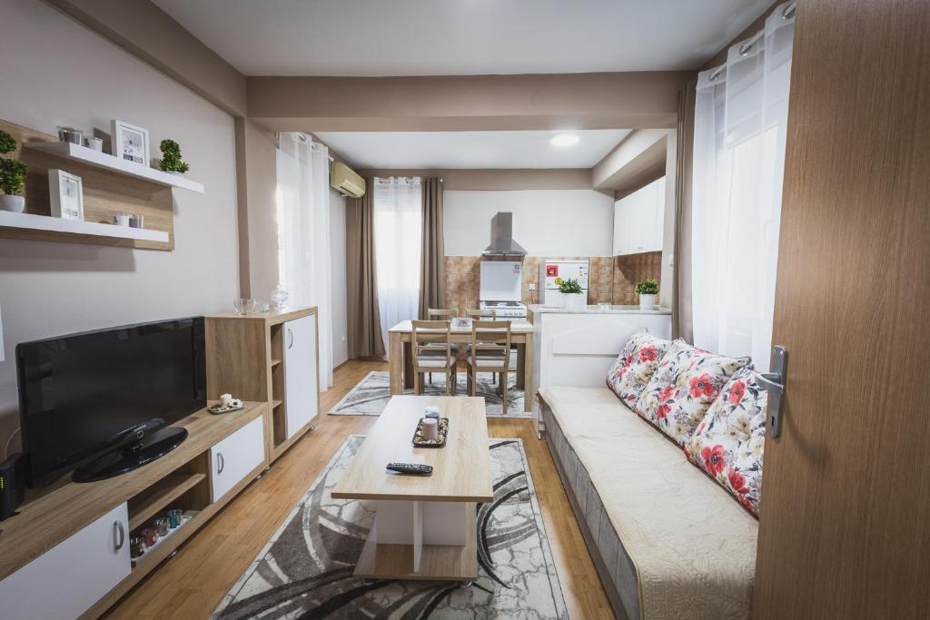 a living room with a couch and a table at Axios Apartment in Gevgelija