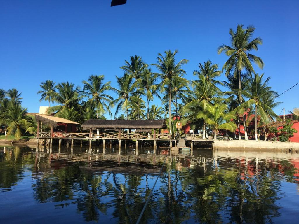 奧利文薩的住宿－Pousada Ilha do Desejo，棕榈树水岸边的码头