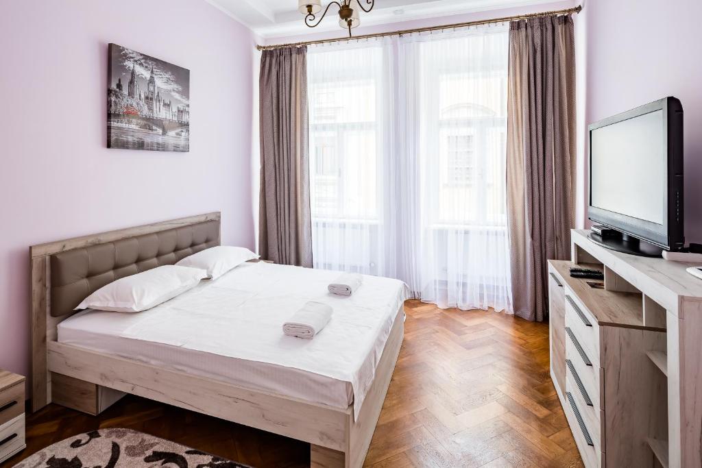 リヴィウにあるLEOGRAND Apartments on Stavropigiyska 7のベッドルーム(ベッド1台、薄型テレビ付)