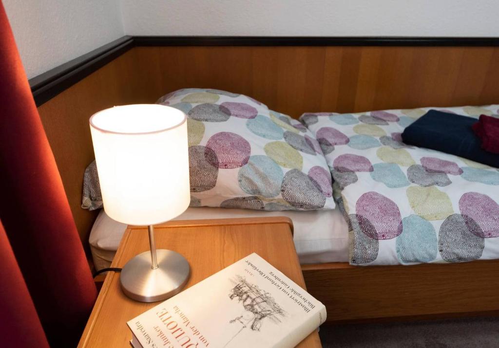 Ober-HambachにあるBlumenwiese Appartementのベッド横のテーブルに灯りと本