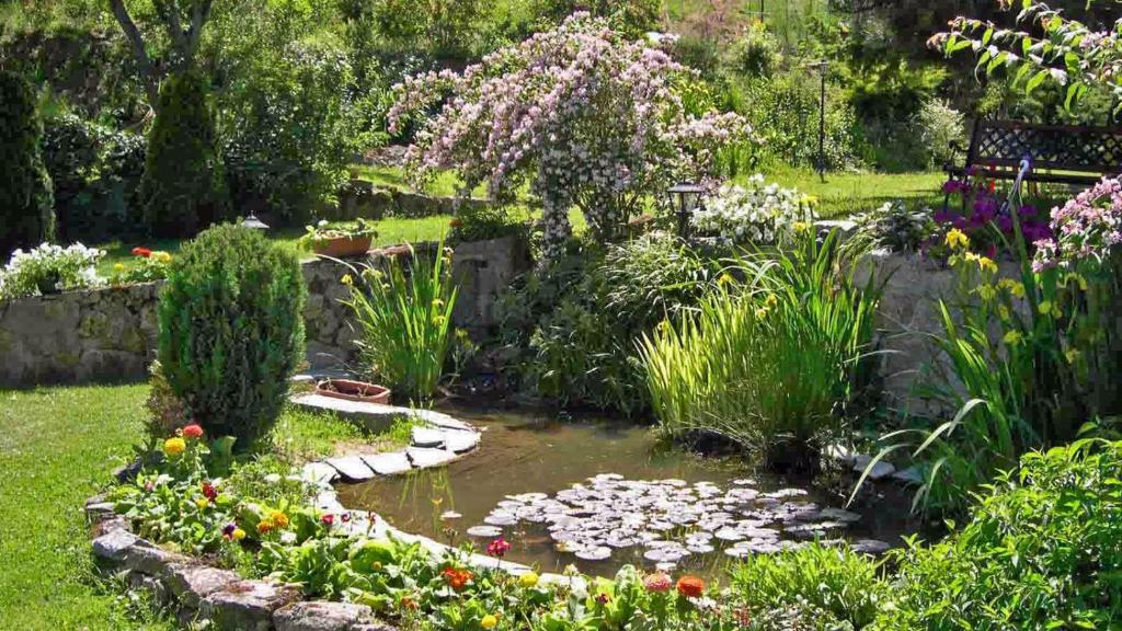a garden with a pond with flowers and plants at Chambres d&#39;hôtes La Hulotte 69 in Villechenève