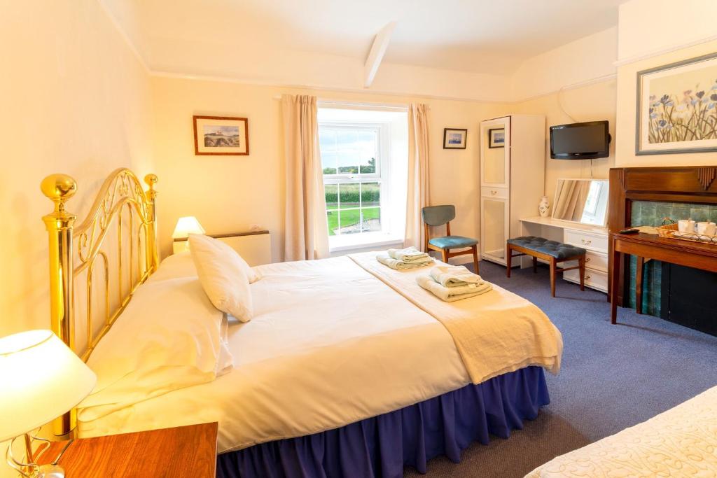 um quarto com uma cama grande e uma lareira em Blue Bell Inn em Embleton