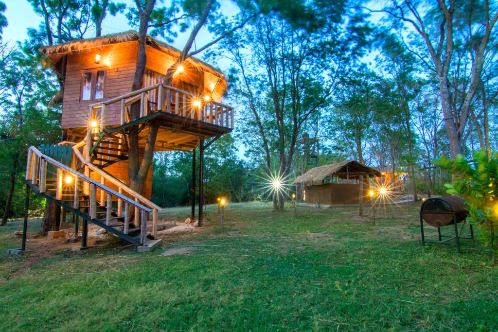 una casa en el árbol con una escalera que conduce a ella en La Pentera, en Hambegamuwa