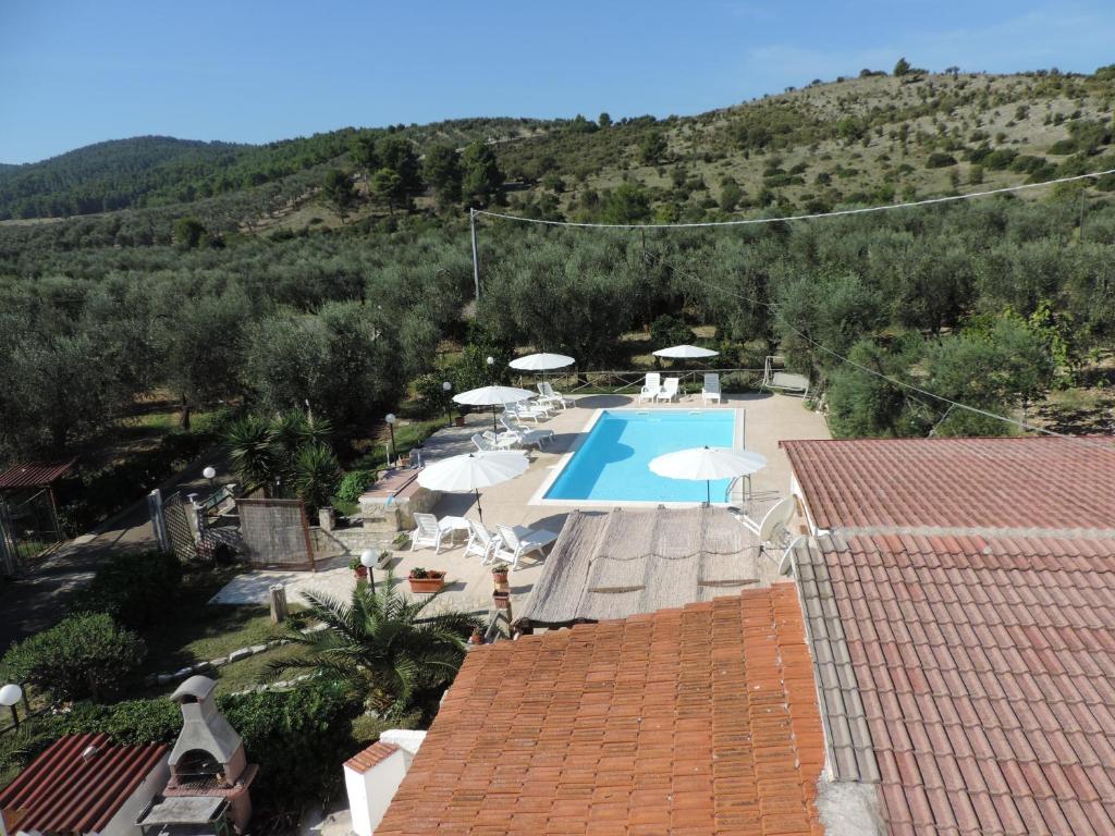 an overhead view of a swimming pool with umbrellas at Agriturismo Azzarone in Vieste