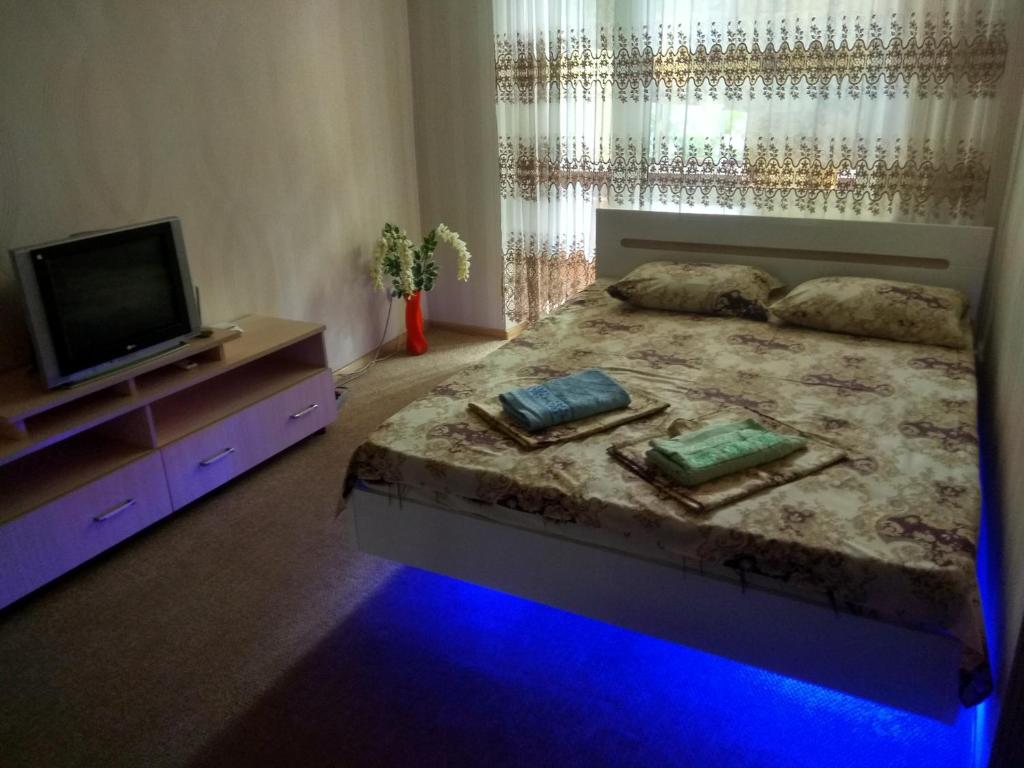 ザポリージャにあるApartment near Univermag Ukraineのベッドルーム(ベッド1台、ドレッサー内のテレビ付)