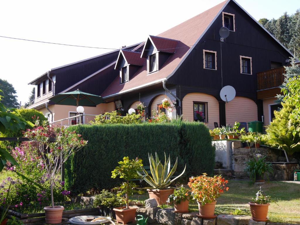 uma casa com plantas em frente em Bergblick em Saupsdorf