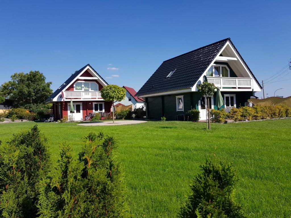 ein Haus mit grünem Rasen davor in der Unterkunft Ferienhäuser Oberdorla in Oberdorla