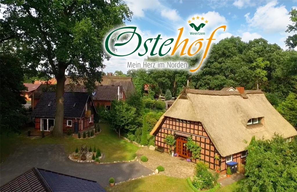 an overhead view of a house with a roof at Ostehof Weertzen in Weertzen