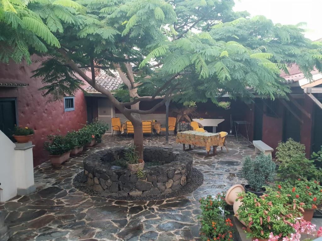 a courtyard with a tree and a table and chairs at Casita del Medianero in Santa Cruz de la Palma