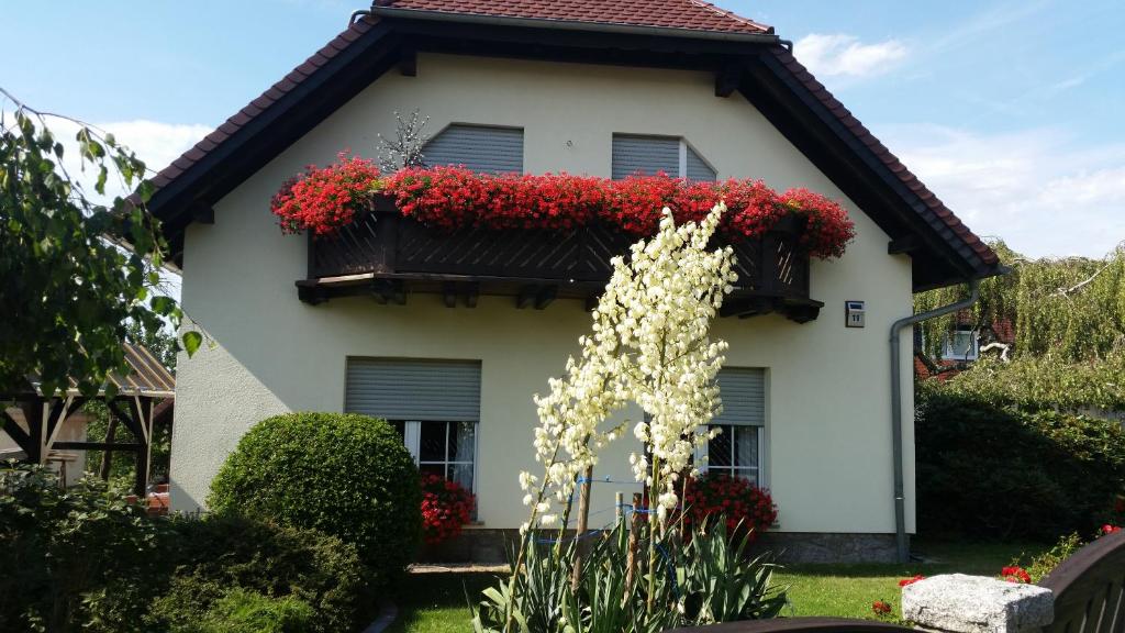 a white house with red flowers on a balcony at Studio Orchidee in Weißig
