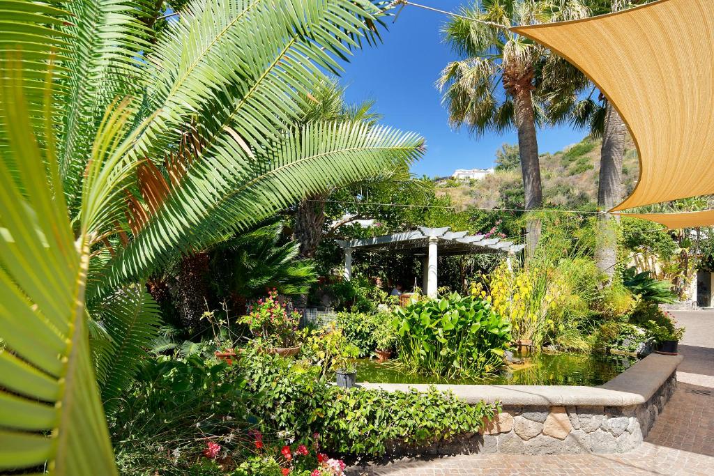 a garden with a pond and plants and palm trees at Hotel Parco Smeraldo Terme in Ischia