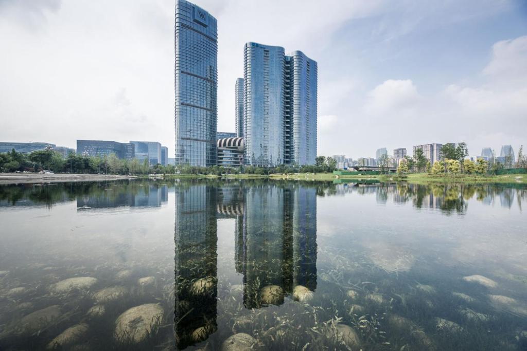 miasto z wysokimi budynkami i zbiornikiem wodnym w obiekcie Chengdu Hi - Tech·Global Center Locals Apartment 00139620 w mieście Chengdu