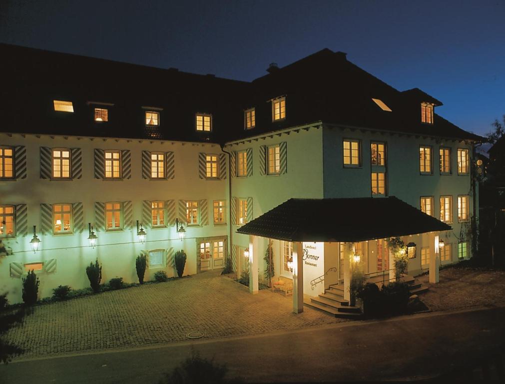 梅舍德的住宿－唐納鄉村酒店，一座在晚上设有庭院的大建筑