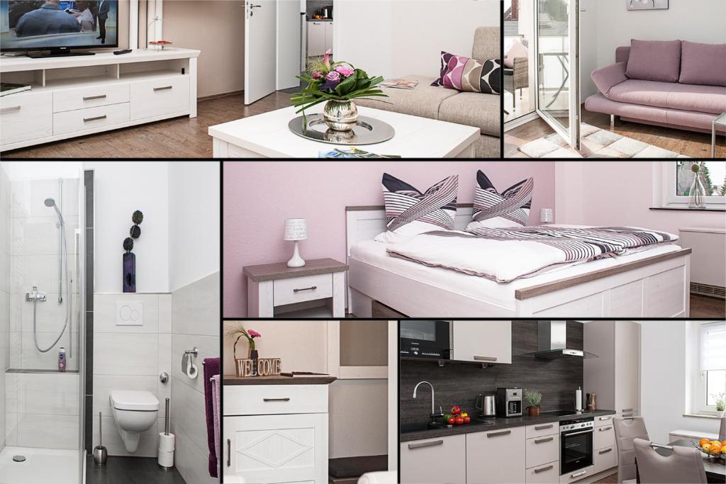 eine Collage mit Fotos von einem Bad und einem Wohnzimmer in der Unterkunft Ferienwohnung am Freizeitpark Bärenloch in Solingen