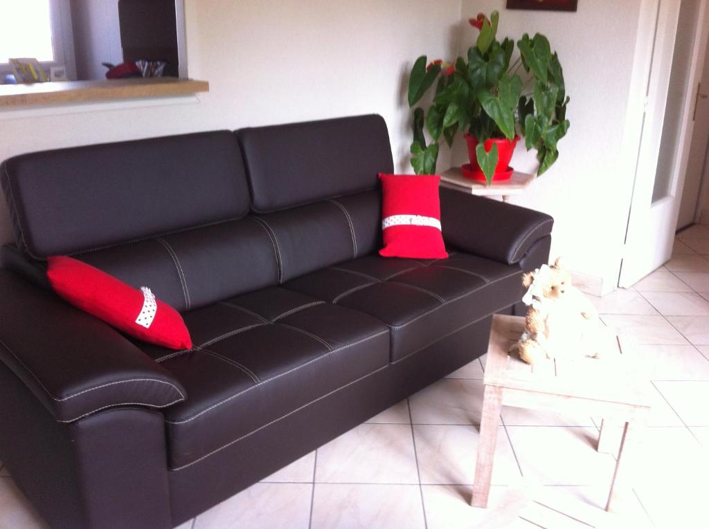 un sofá de cuero negro con almohadas rojas en la sala de estar. en Chez Fifille appartement dans Honfleur parking privé, en Honfleur