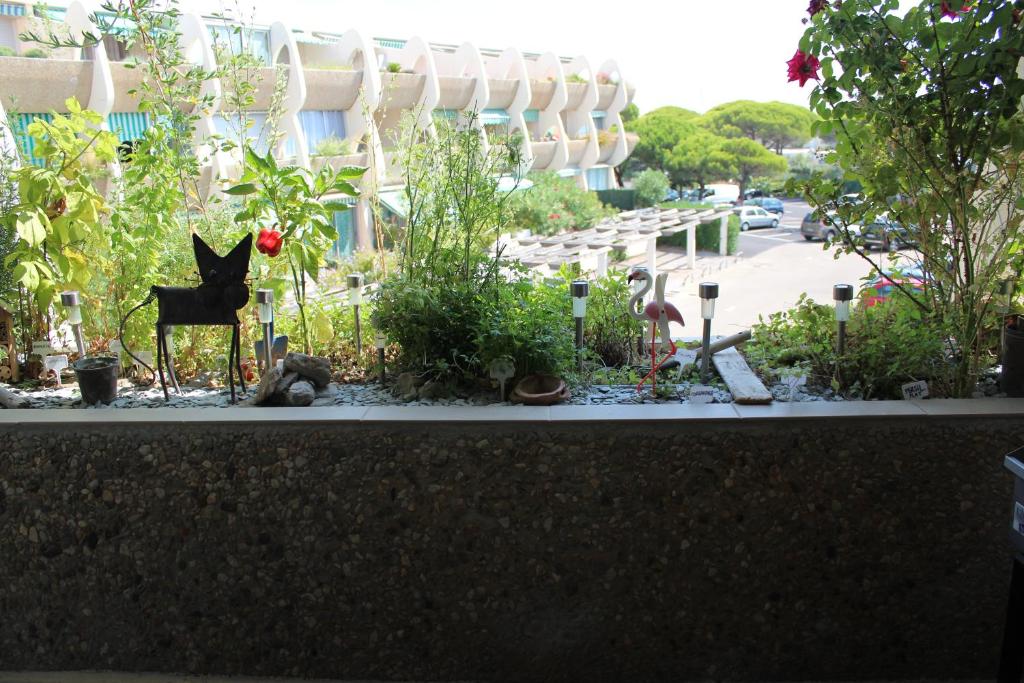 a garden with a black horse in a yard at Studio 237 Port Camargue, Piscine, Climatisation, 2 personnes in Le Grau-du-Roi
