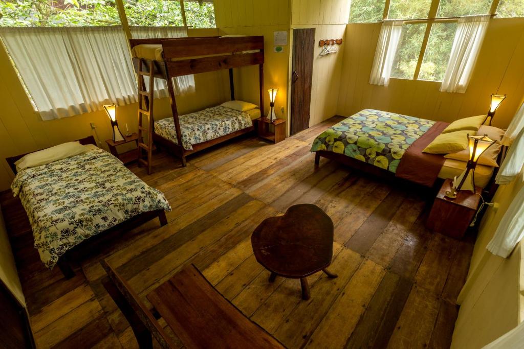 una vista aérea de un dormitorio con 2 camas y una silla en Anaconda Lodge Ecuador, en Ahuano