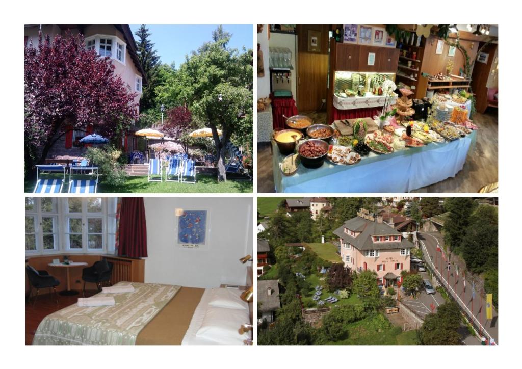 a collage of pictures of a house and a table with food at Hotel Villa Emilia in Ortisei