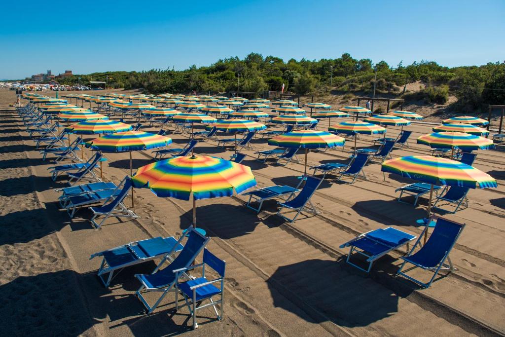 una vista sul tetto di una spiaggia con sedie e ombrelloni di Camping Continental a Marina di Castagneto Carducci