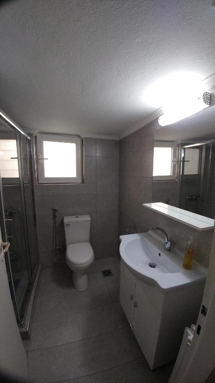 Łazienka z białą toaletą i umywalką w obiekcie Proteus Apartment w Atenach