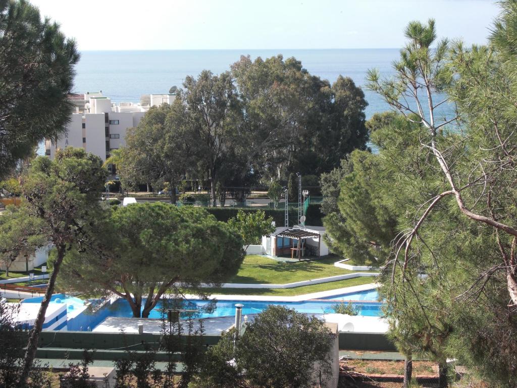 エステポナにあるVista mar. Playa cerca.の木々と海の景色を望むスイミングプールを望めます。