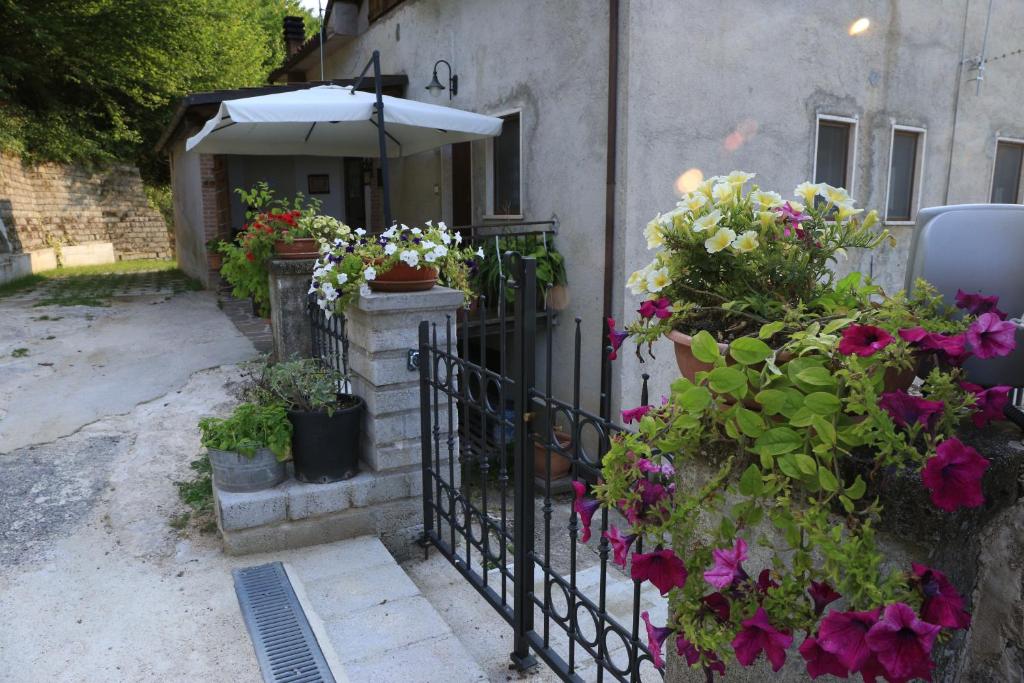 an entrance to a house with flowers and an umbrella at Agriturismo Il Casale Pica in Posta