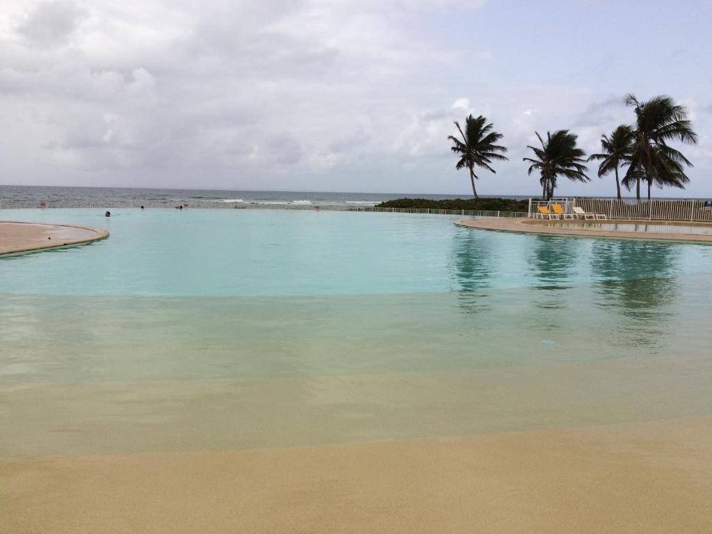 una piscina sulla spiaggia con palme in acqua di Maison Créole a Saint-François