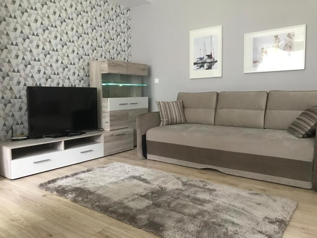 een woonkamer met een bank en een flatscreen-tv bij Golden Apartament Proletariacka in Białystok