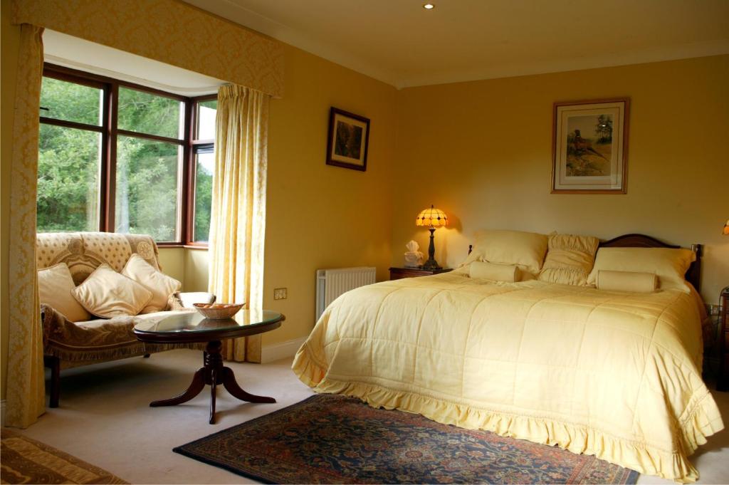 a bedroom with a bed and a chair and a window at Hanora's Cottage Guesthouse and Restaurant in Ballymacarbry