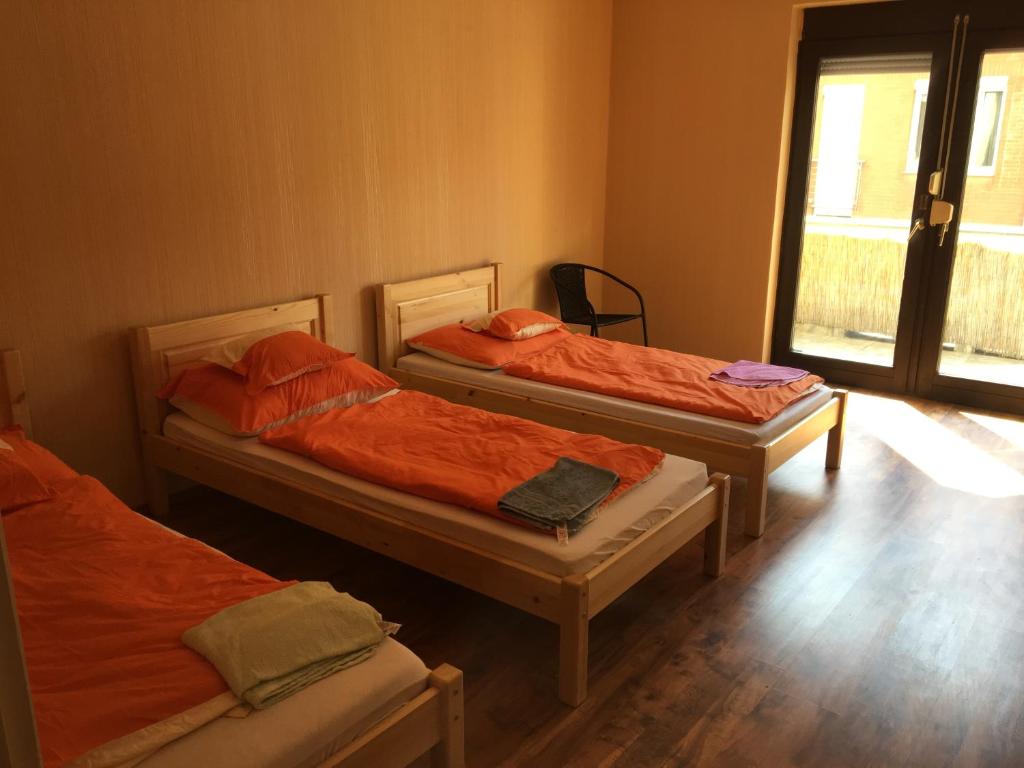 オロシュハーザにあるRoland Hostelの窓付きの部屋 ベッド3台