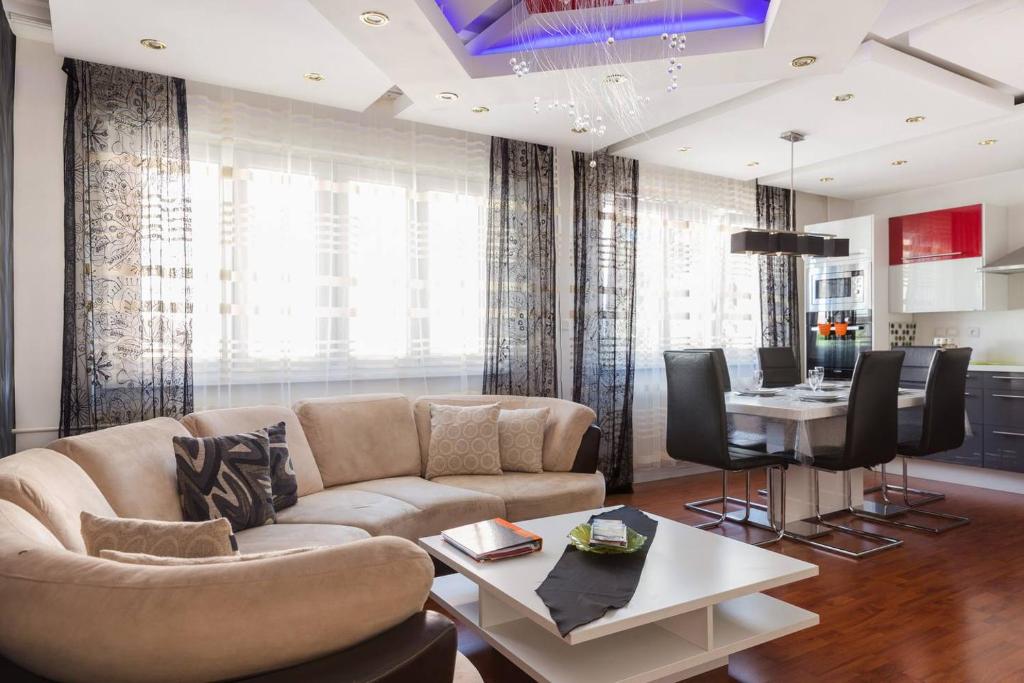 コルマールにあるAppartement La Bagatelleのソファとテーブルのあるリビングルーム