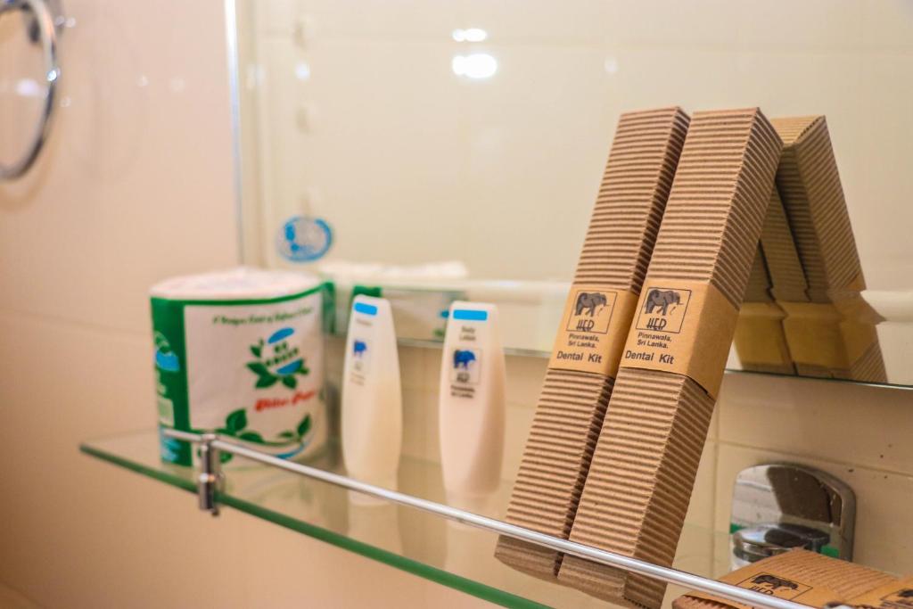 a shelf with three toothbrushes and a mirror at Hotel Elephant Bay in Pinnawala