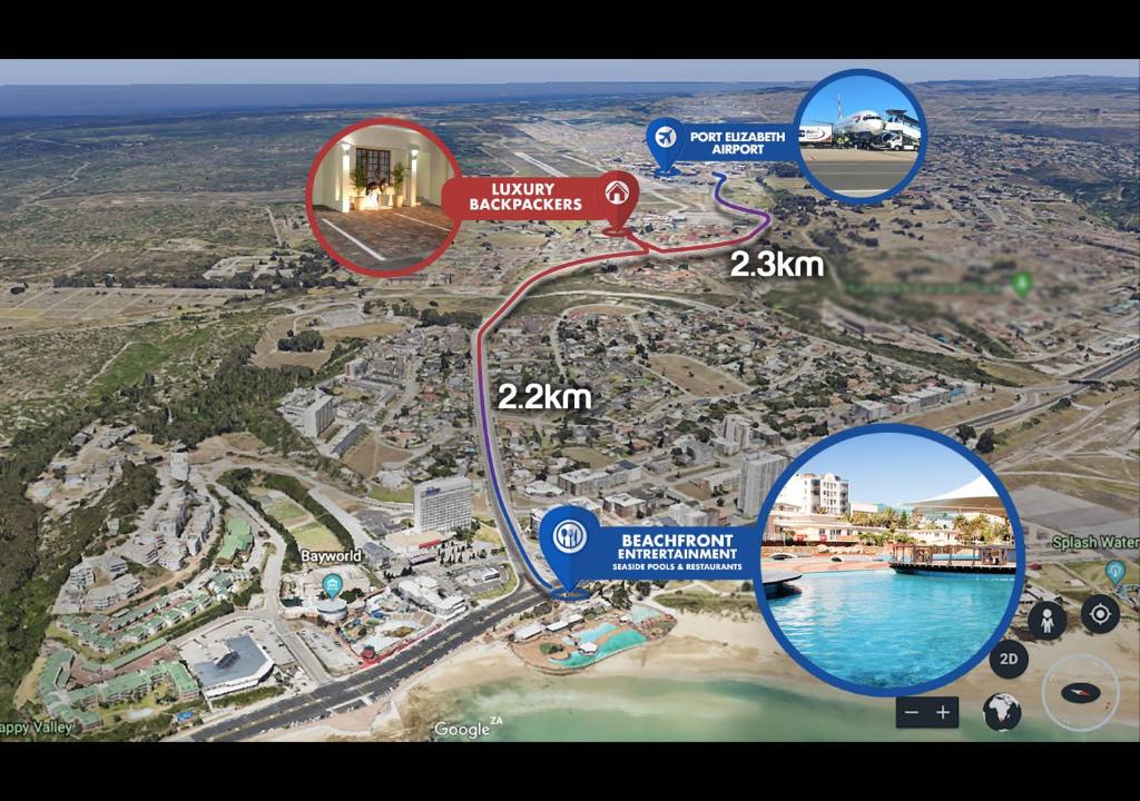 un mapa de la ubicación aproximada de un complejo en Luxury Backpackers, en Port Elizabeth
