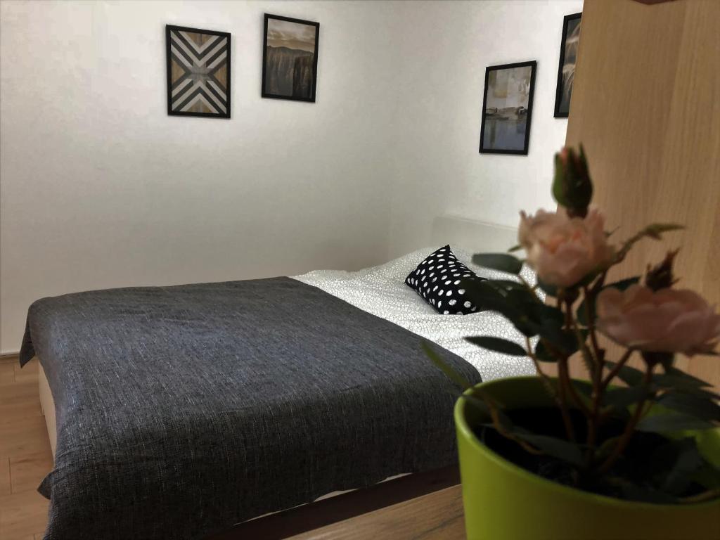 - une chambre avec un lit et un vase avec une plante dans l'établissement Small & Sweet Apartments, à Belgrade