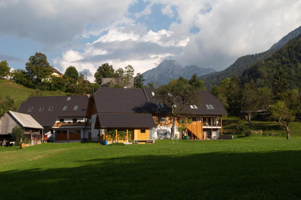 ein Haus auf einem grünen Feld mit Bergen im Hintergrund in der Unterkunft Apartments Tourist Farm Štorman with EV Ch-Station in Tržič