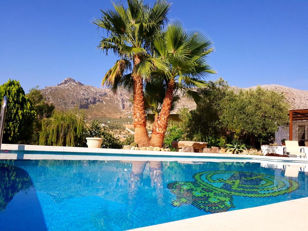 een zwembad met palmbomen op de achtergrond bij Casa el saladillo in Valle de Abdalagís