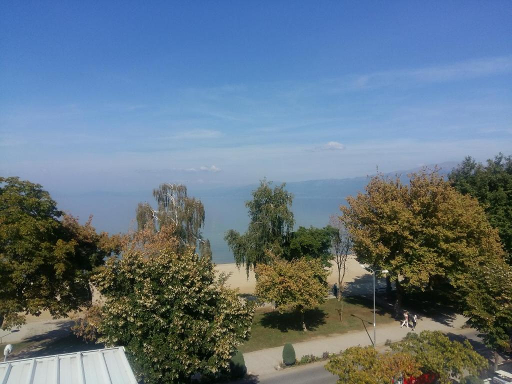eine Aussicht über einen Park mit Bäumen und einem Himmel in der Unterkunft Apartment Plaisir in Pogradec