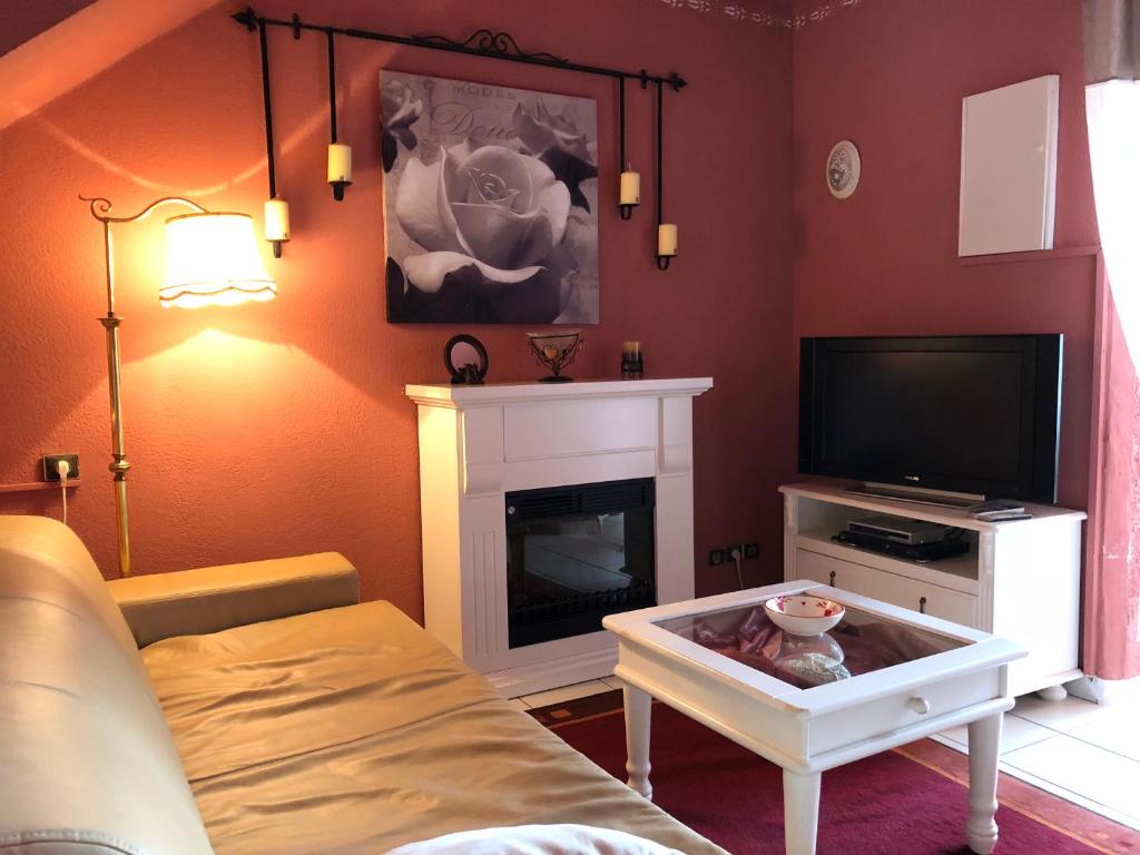 a living room with a fireplace and a tv at Ferienhaus Cogolin mit Wintergarten-Terrasse in Grimaud