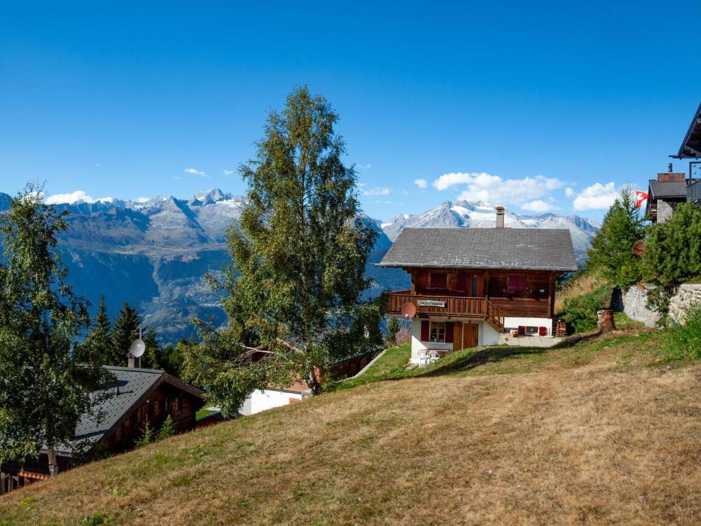 RosswaldにあるChalet Saflischmannli auf der Alpe Rosswaldの山を背景にした丘の上の家