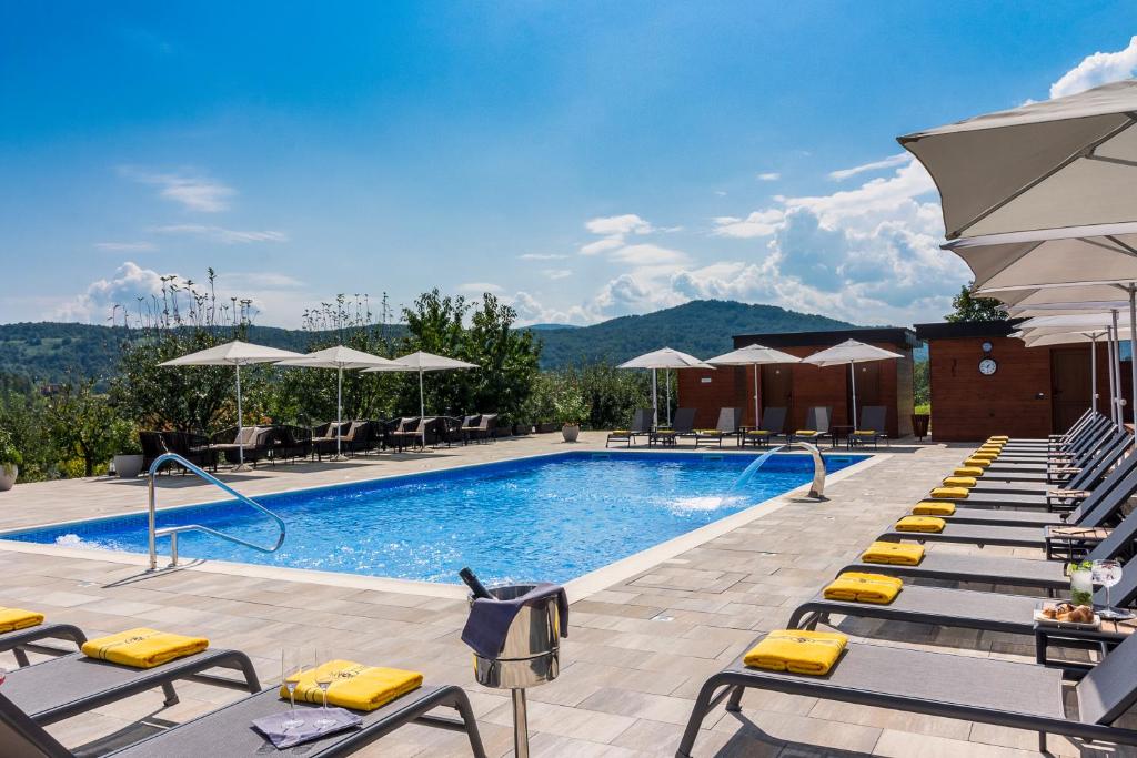 a swimming pool with a pool table and chairs at Hotel Degenija in Seliste Dreznicko
