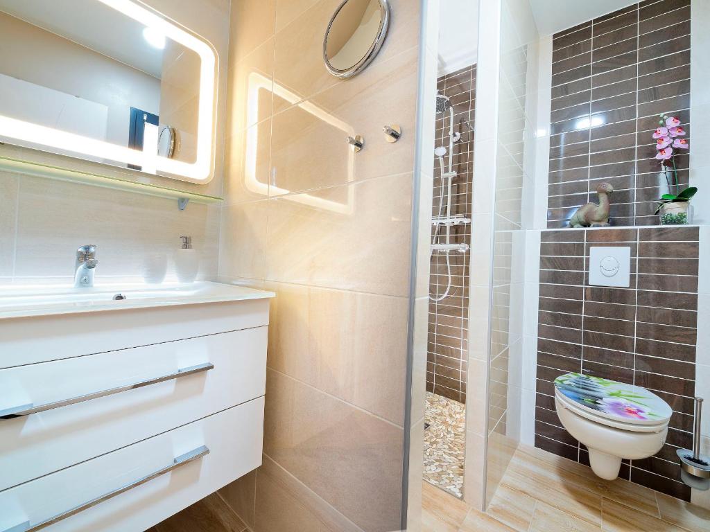 a bathroom with a shower and a toilet and a sink at Appartement Villa Quietude in Bagnols-en-Forêt
