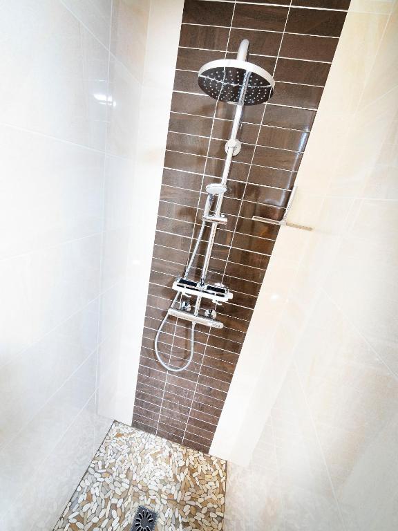 a shower with a shower head in a bathroom at Appartement Villa Quietude in Bagnols-en-Forêt