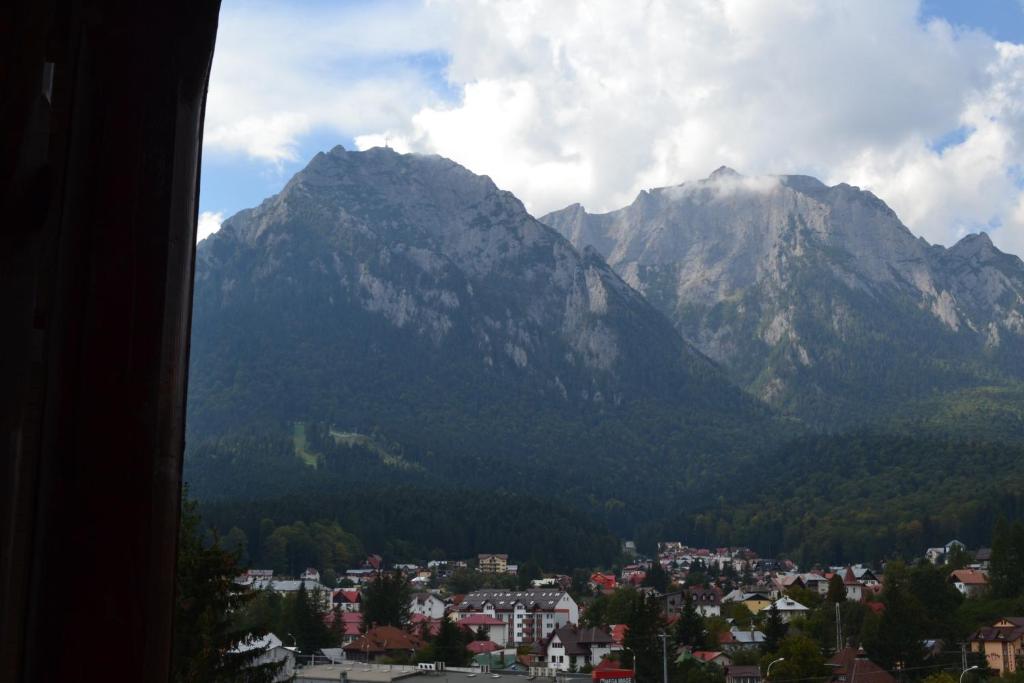 uitzicht op een stad en een bergketen bij Apartament Golden Rose in Buşteni