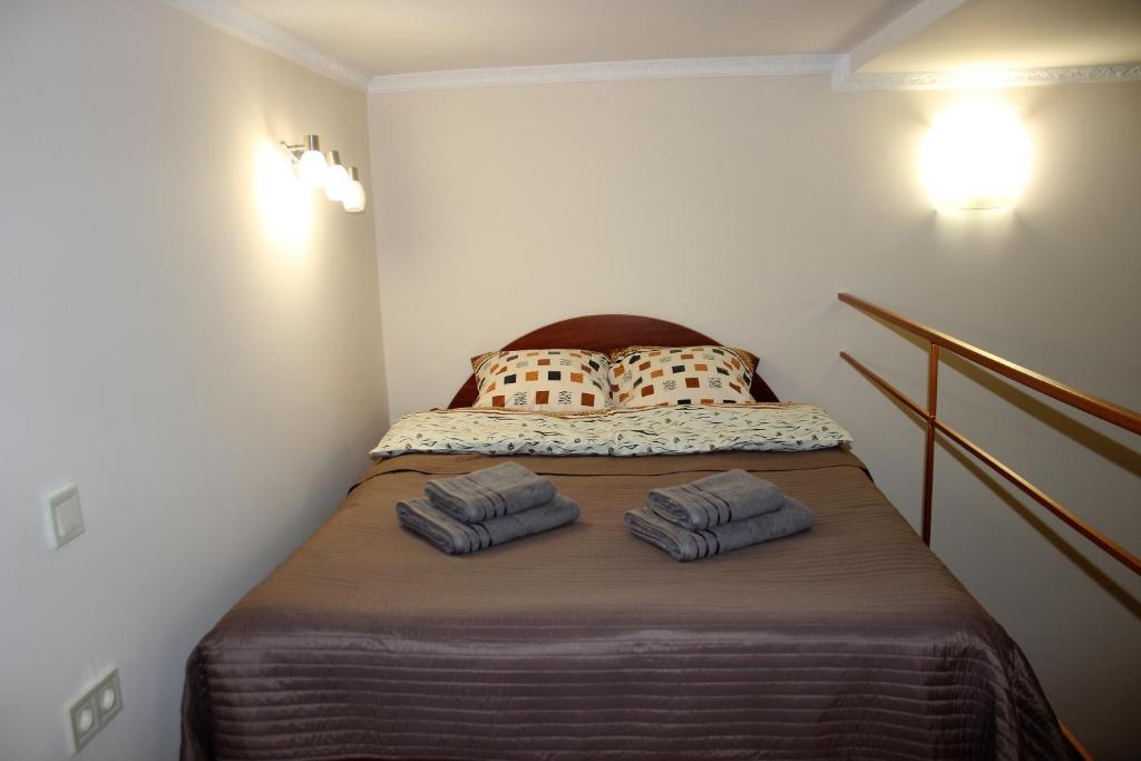 リヴィウにあるКвартира в центрі Львоваの枕2つが備わる客室の小さなベッド1台分です。