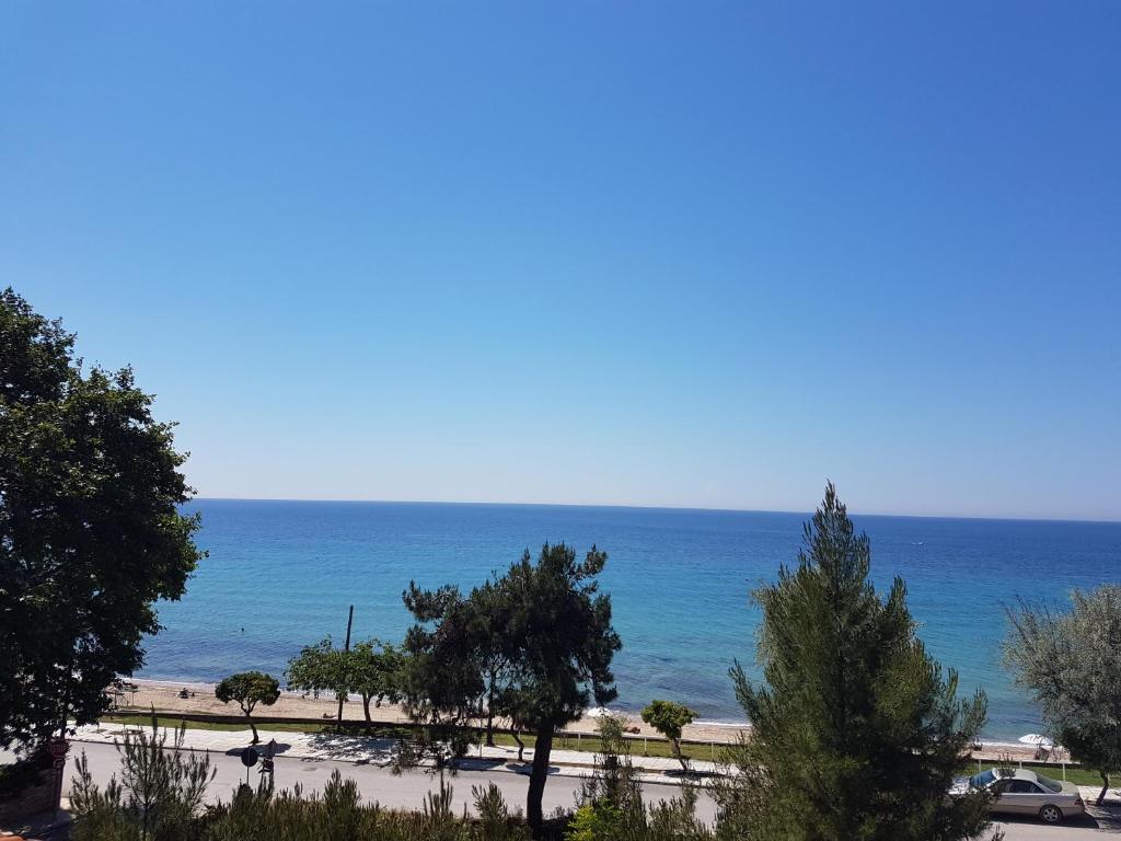 a view of a beach with trees and the ocean at Estrella Rooms in Nea Kalikratia