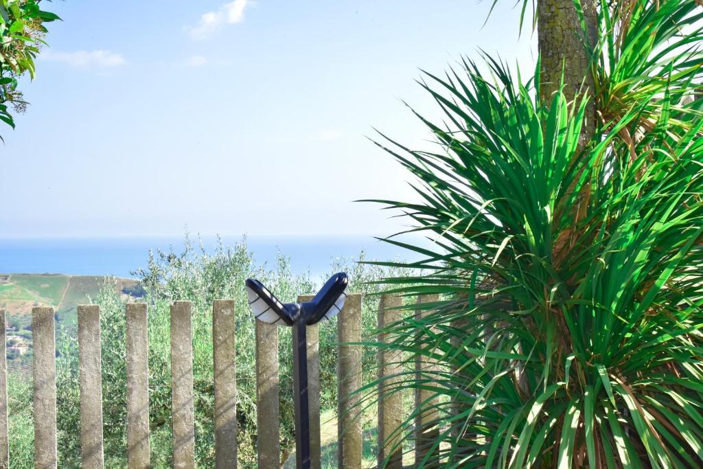 a bird holder on a fence next to a palm tree at Casa Annadelia in Silvi Paese
