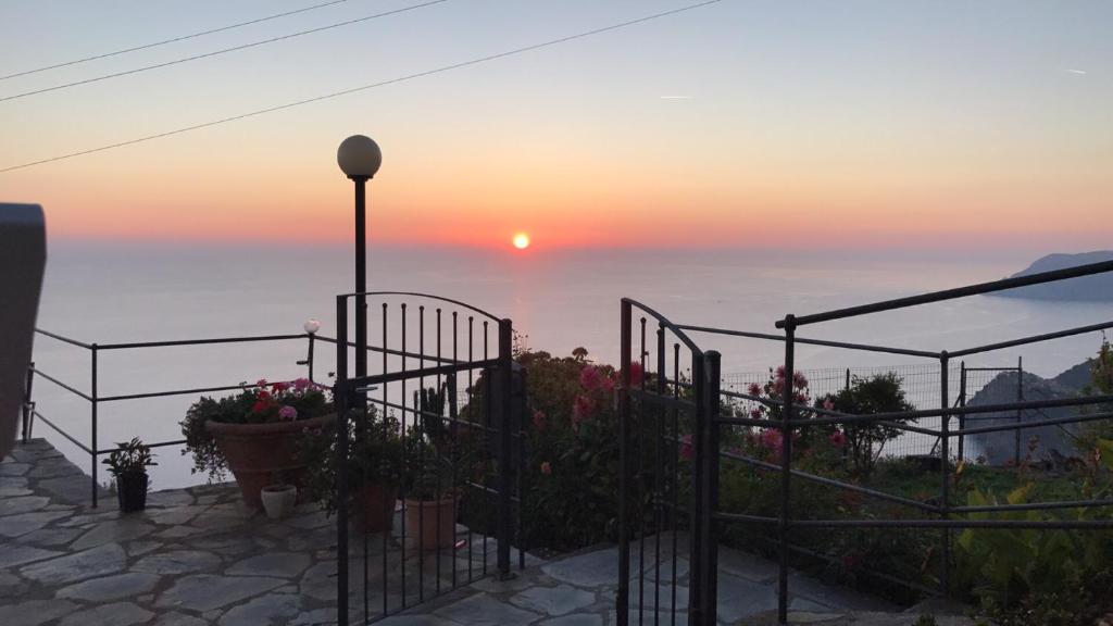 a view of the sunset from a garden with flowers at Albergo Luna di Marzo in Volastra