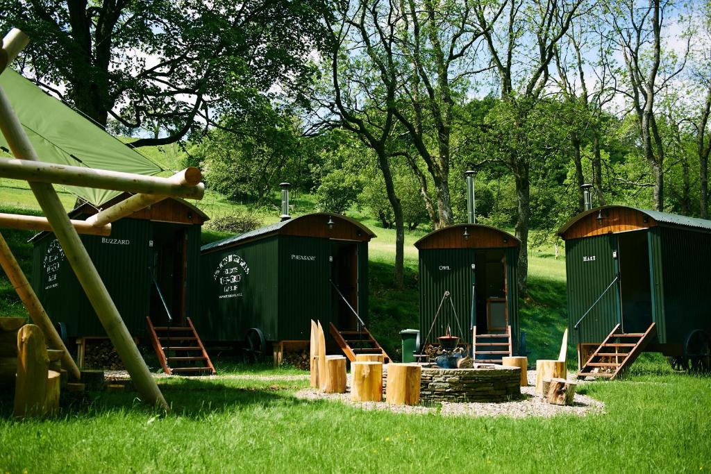 a group of camping huts in the grass at The Huts in the Hills in Llanigon